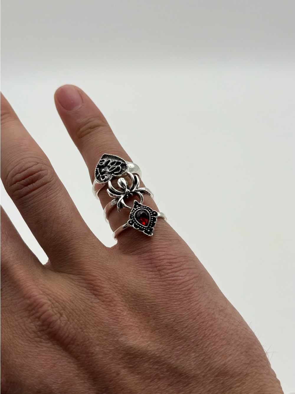 Gothic 3 Ring Set Spider Heart Red Teardrop Silver Tone Punk Jewelry